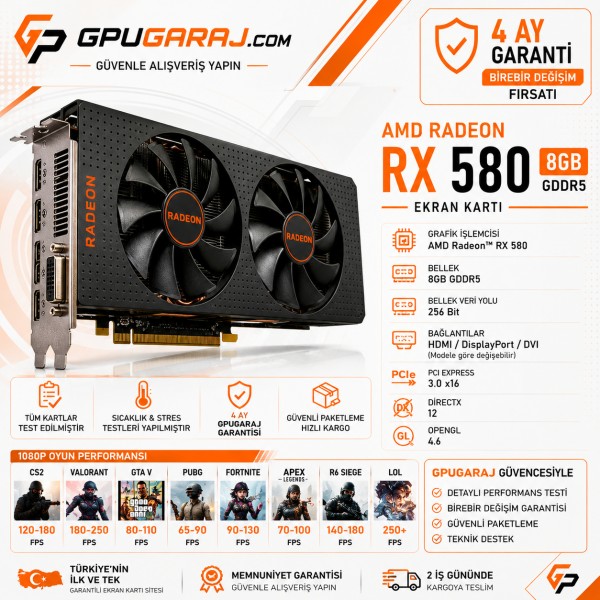 RX 580 8GB GDDR5 Ekran Kartı | 4 Ay Garantili | GPUGaraj
