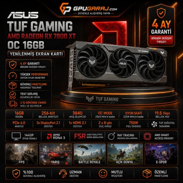 Yenilenmiş ASUS TUF Gaming AMD Radeon RX 7800 XT OC 16GB Ekran Kartı