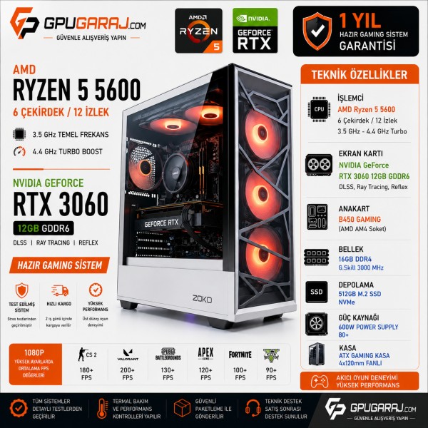 RTX 3060 12 GB Ryzen 5 5600 Hazır Gaming Sistem