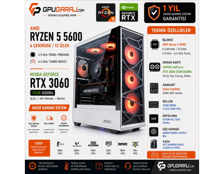RTX 3060 12 GB Ryzen 5 5600 Hazır Gaming Sistem