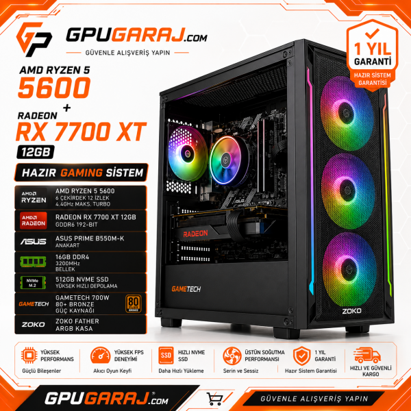 AMD Ryzen 5 5600 RX 7700 XT 12GB Gaming Sistem