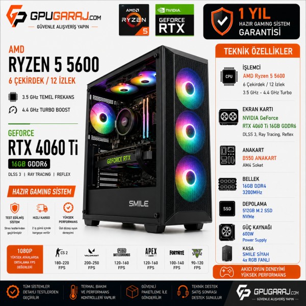 RTX 4060 Ti 16GB Ryzen 5 5600 Hazır Gaming Sistem