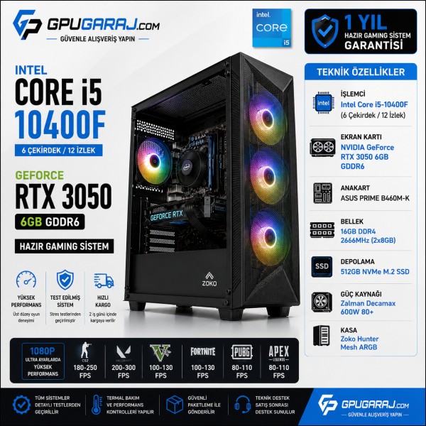 Intel Core i5-10400F RTX 3050 6GB Hazır Gaming Sistem