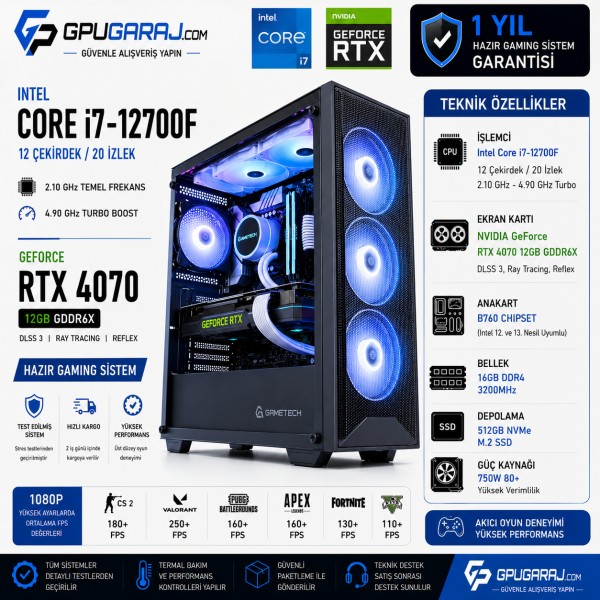 Intel Core i7-12700F RTX 4070 Super 12GB Gaming Sistem