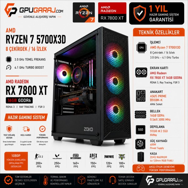 RX 7800 XT 16GB Ryzen 7 5700X3D Hazır Gaming Sistem