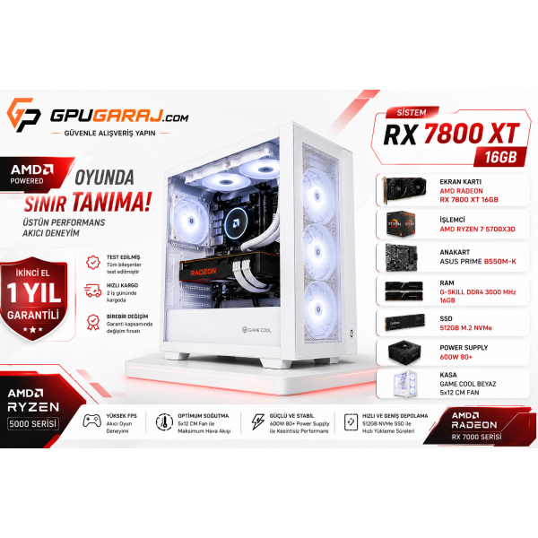 RX 7800 XT 16GB Ryzen 7 5700X3D Hazır Gaming Sistem | İkinci El | 1 Yıl Garantili