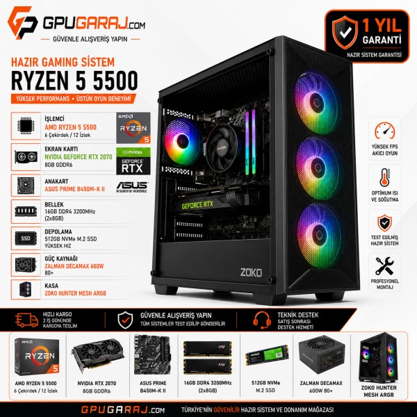 Ryzen 5 5500 RTX 2070 8GB Hazır Gaming Sistem | GPUGaraj