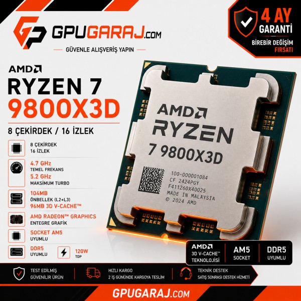 AMD Ryzen 7 9800X3D Yenilenmiş İşlemci | 4 Ay Garantili