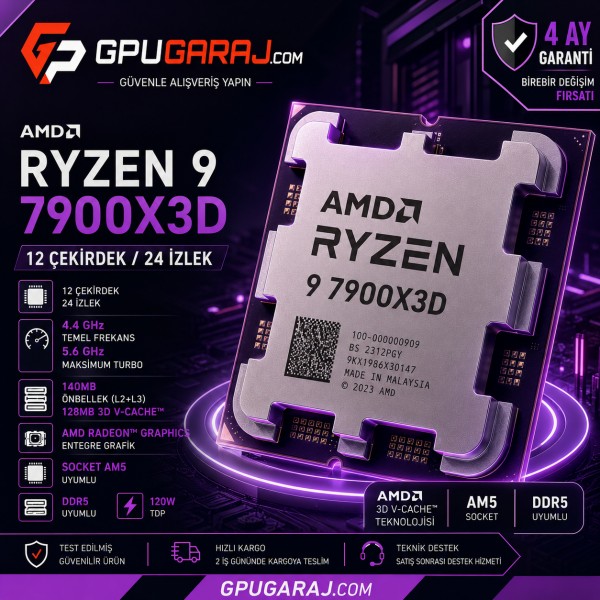 AMD Ryzen 9 7900X3D Yenilenmiş İşlemci | 4 Ay Garantili