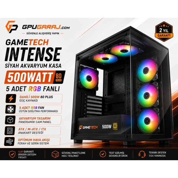 Siyah Akvaryum 500W 80 Plus 5 Adet RGB Fanlı Gaming Kasa