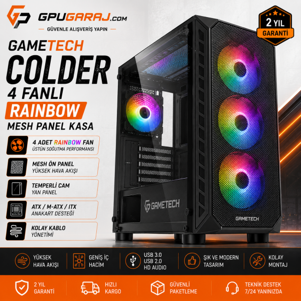 GAMETECH Colder 4 Fanlı Rainbow Mesh Panel Gaming Kasa