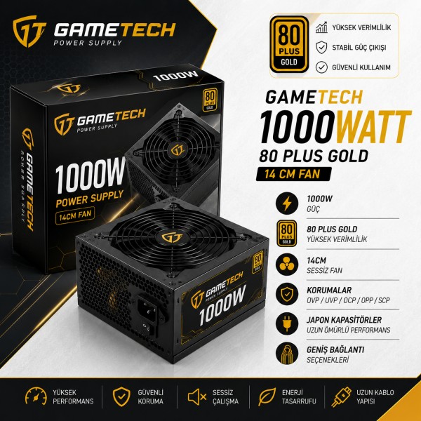 GAMETECH 1000W 80 Plus Gold 14 CM Fanlı Güç Kaynağı (Power Supply)